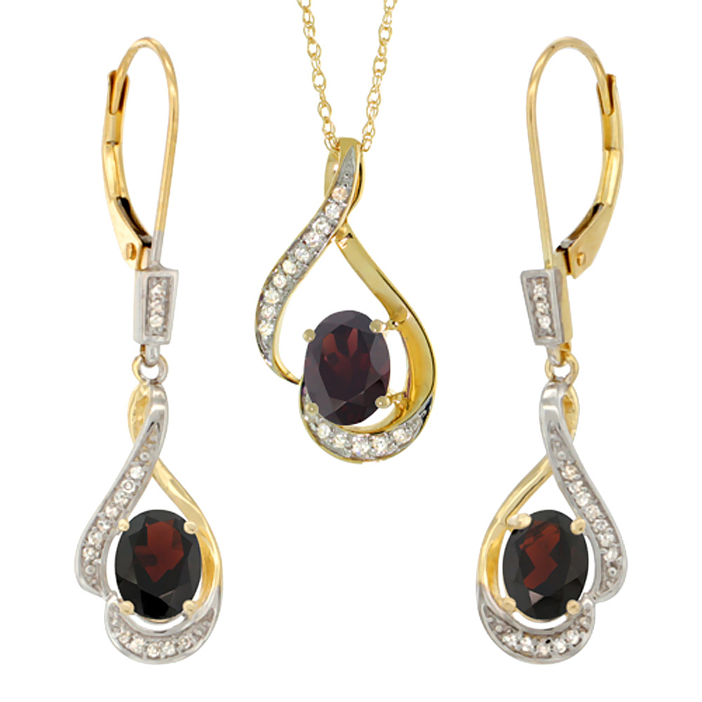 14K Yellow Gold Diamond Natural Garnet Lever Back Earrings &amp; Necklace Set Oval 7x5mm, 18 inch long