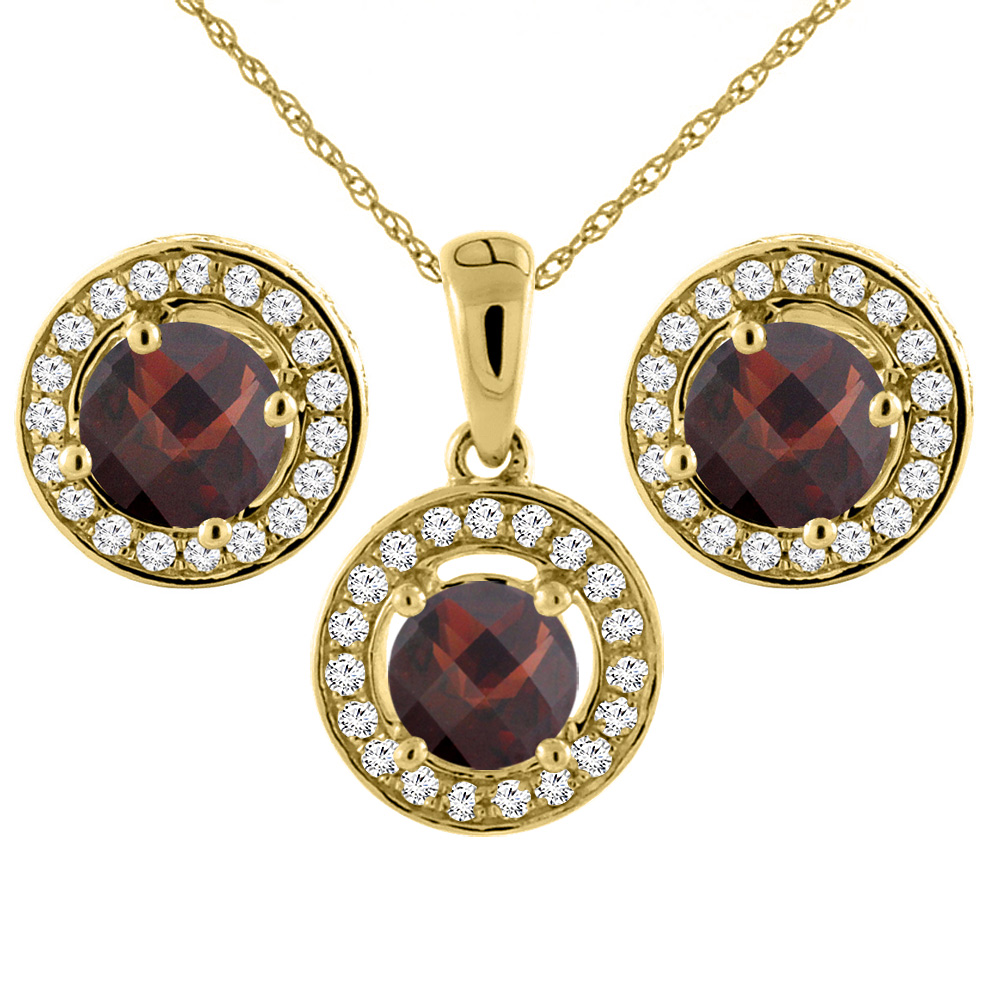 14K Yellow Gold Natural Garnet Earrings and Pendant Set with Diamond Halo Round 5 mm
