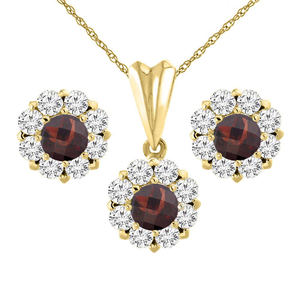 14K Yellow Gold Natural Garnet Earrings and Pendant Set with Diamond Halo Round 6 mm