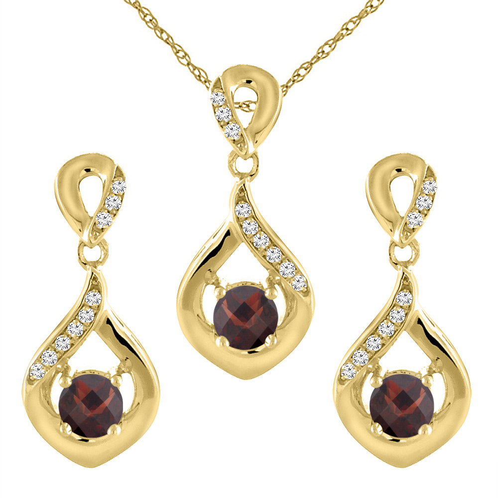14K Yellow Gold Natural Garnet Earrings and Pendant Set with Diamond Accents Round 4 mm