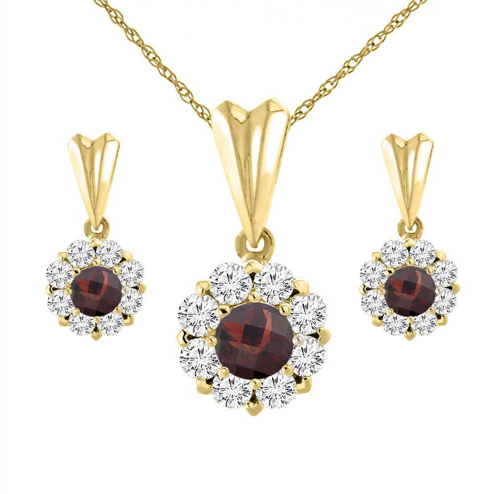 14K Yellow Gold Natural Garnet Earrings and Pendant Set with Diamond Halo Round 4 mm