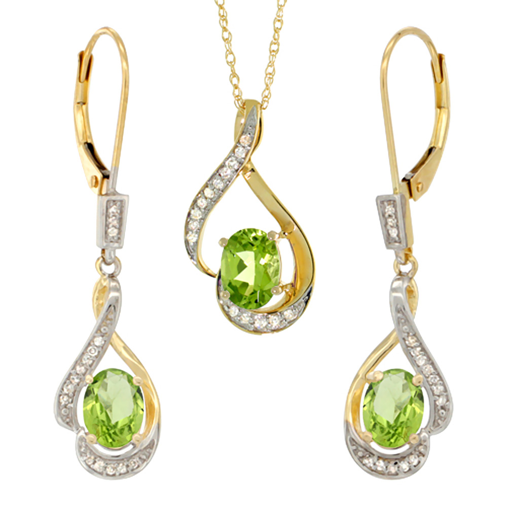 14K Yellow Gold Diamond Natural Peridot Lever Back Earrings & Necklace Set Oval 7x5mm, 18 inch long