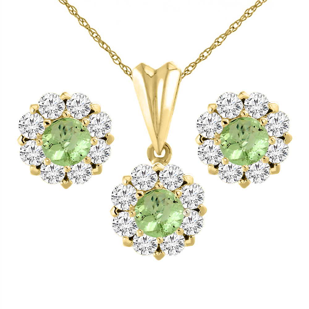 14K Yellow Gold Natural Peridot Earrings and Pendant Set with Diamond Halo Round 6 mm