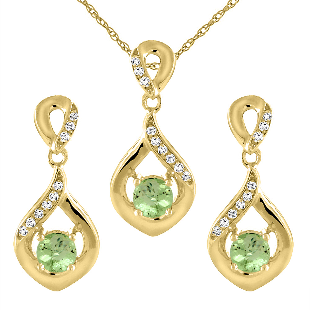 14K Yellow Gold Natural Peridot Earrings and Pendant Set with Diamond Accents Round 4 mm