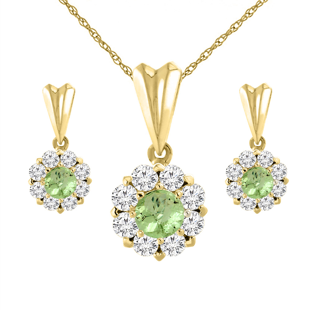 14K Yellow Gold Natural Peridot Earrings and Pendant Set with Diamond Halo Round 4 mm