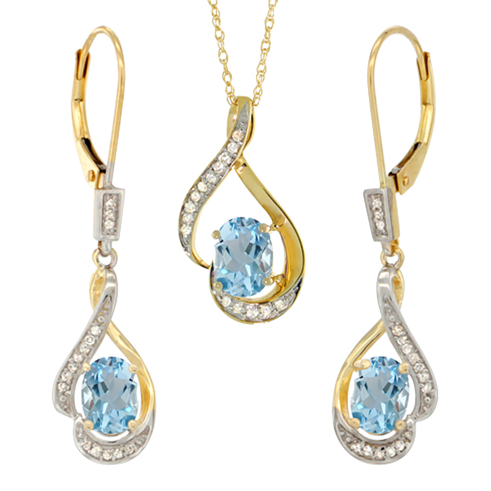 14K Yellow Gold Diamond Natural Aquamarine Lever Back Earrings & Necklace Set Oval 7x5mm, 18 inch long