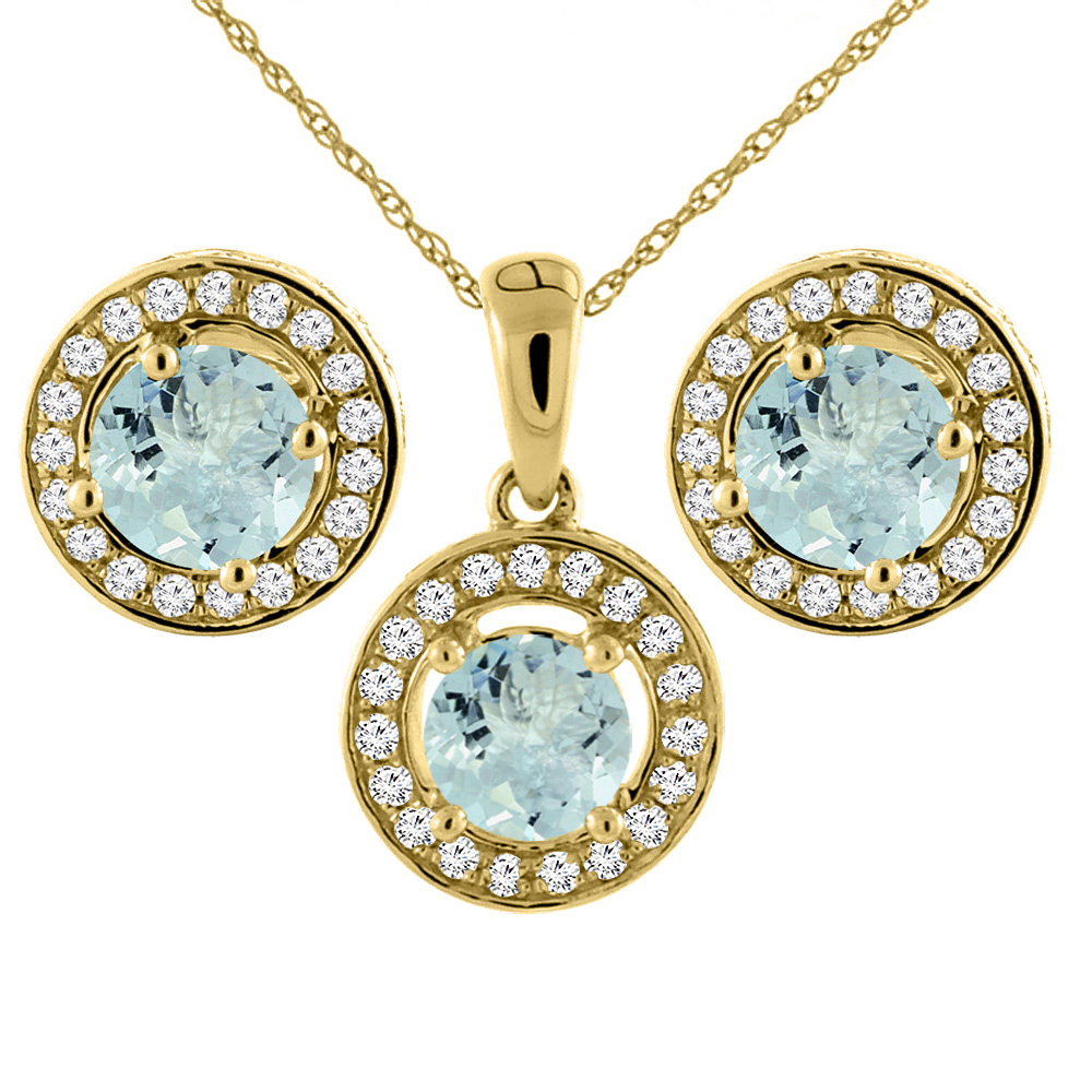 14K Yellow Gold Natural Aquamarine Earrings and Pendant Set with Diamond Halo Round 5 mm