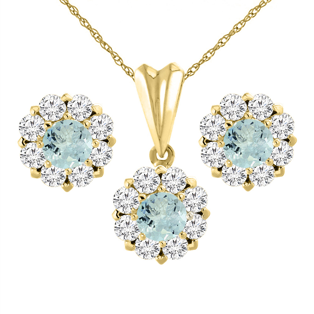 14K Yellow Gold Natural Aquamarine Earrings and Pendant Set with Diamond Halo Round 6 mm