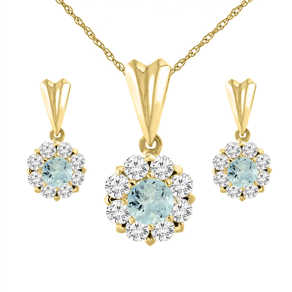 14K Yellow Gold Natural Aquamarine Earrings and Pendant Set with Diamond Halo Round 4 mm