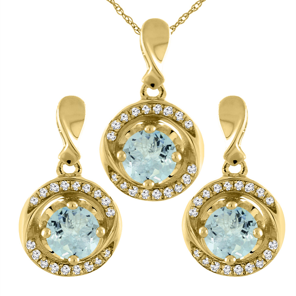 14K Yellow Gold Natural Aquamarine Earrings and Pendant Set with Diamond Accents Round 4 mm