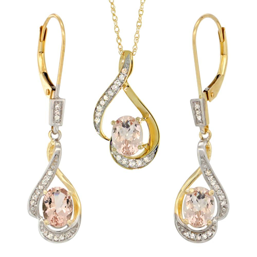 14K Yellow Gold Diamond Natural Morganite Lever Back Earrings &amp; Necklace Set Oval 7x5mm, 18 inch long