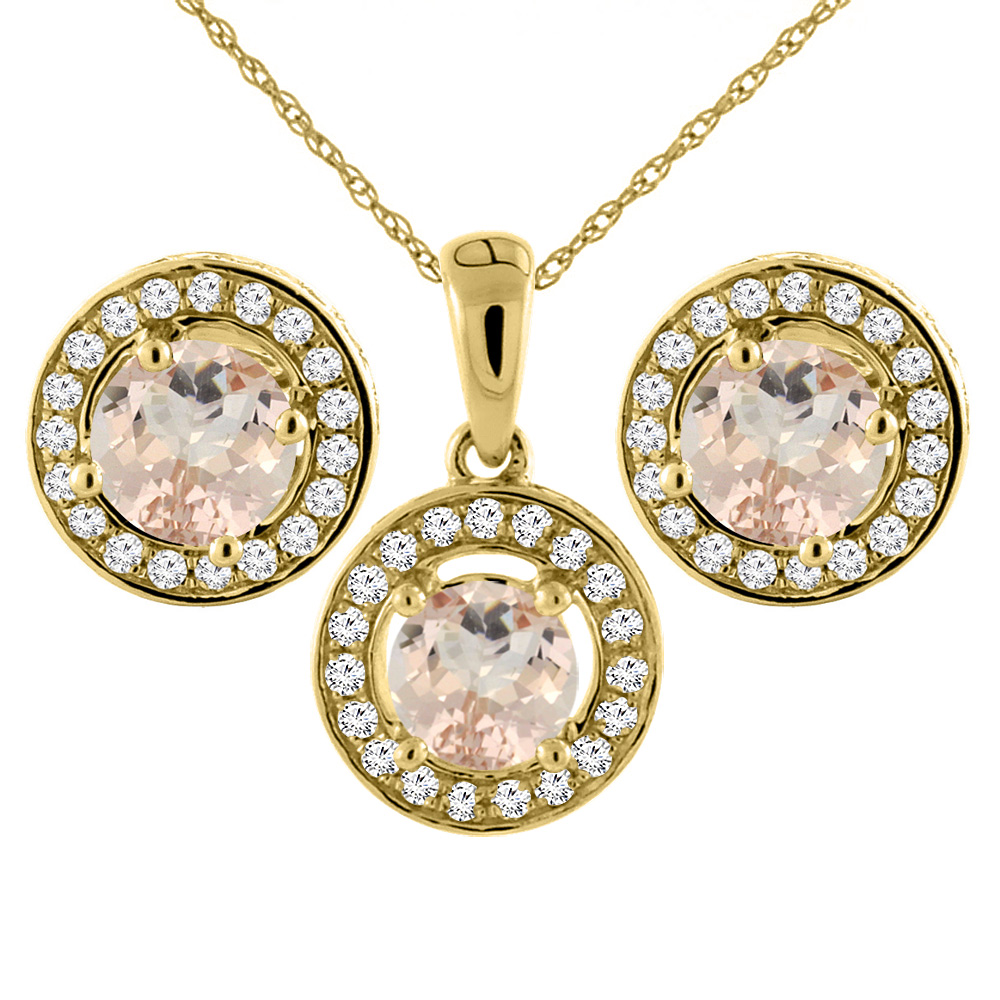 14K Yellow Gold Natural Morganite Earrings and Pendant Set with Diamond Halo Round 5 mm
