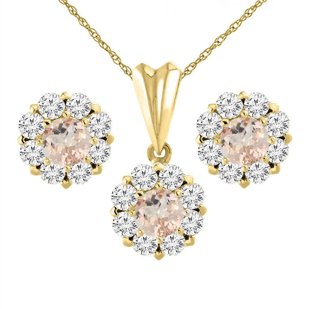 14K Yellow Gold Natural Morganite Earrings and Pendant Set with Diamond Halo Round 6 mm