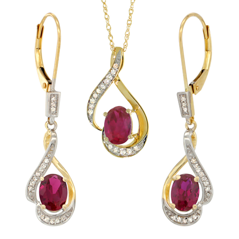 14K Yellow Gold Diamond Natural Quality Ruby Lever Back Earrings & Necklace Set Oval 7x5mm, 18 inch long