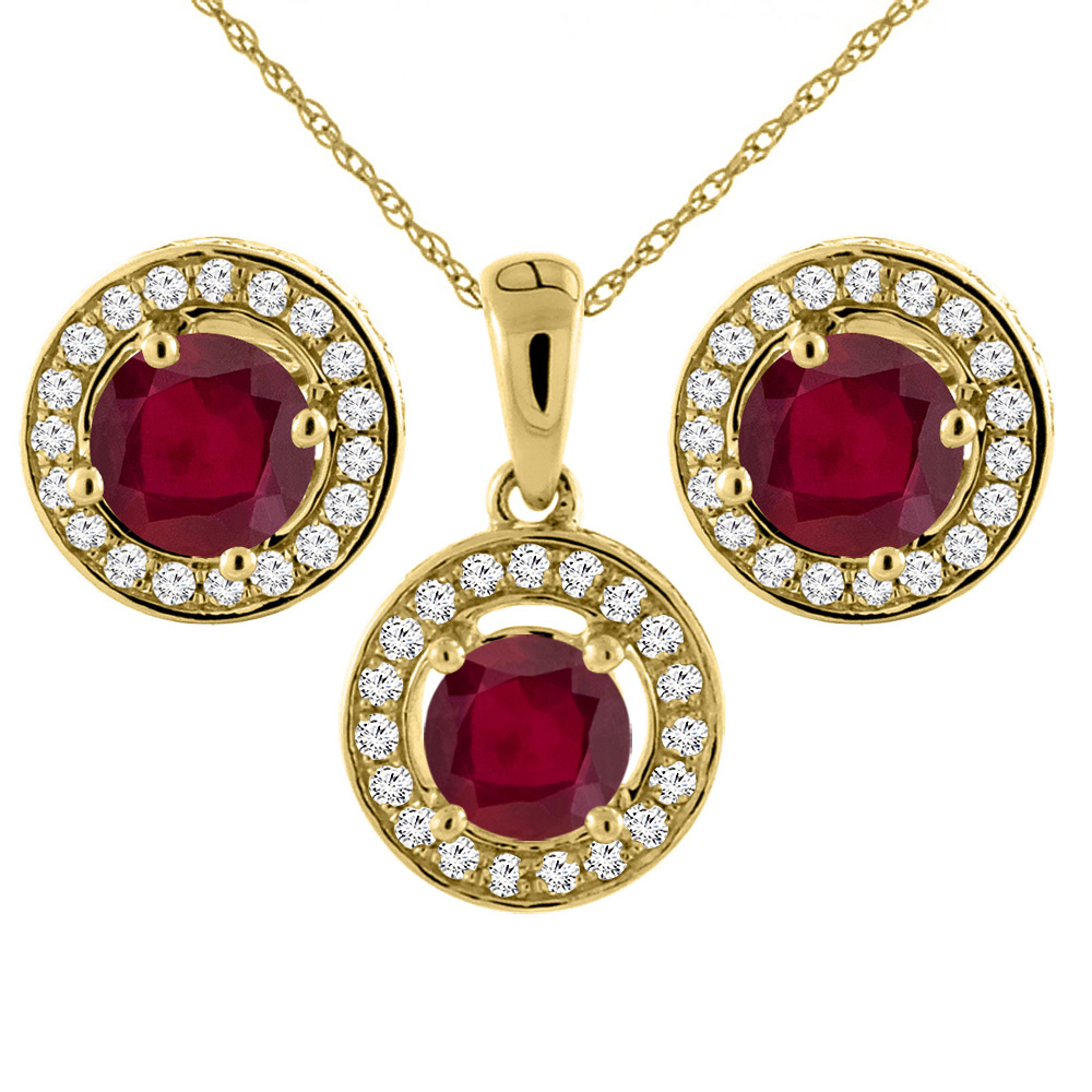 14K Yellow Gold Enhanced Genuine Ruby Earrings and Pendant Set with Diamond Halo Round 5 mm