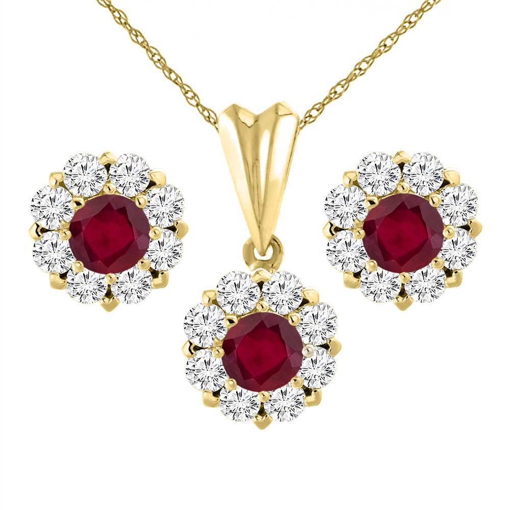 14K Yellow Gold Enhanced Genuine Ruby Earrings and Pendant Set with Diamond Halo Round 6 mm