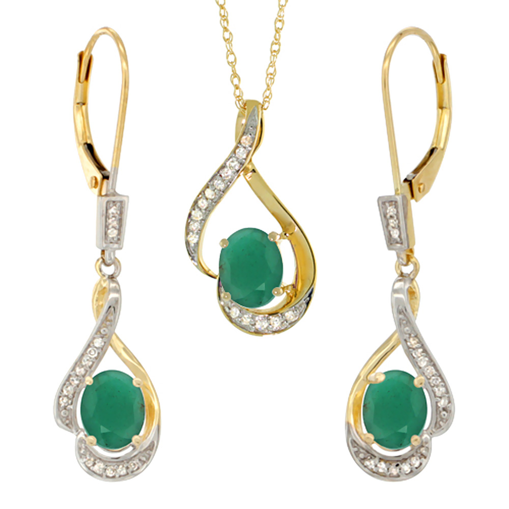 14K Yellow Gold Diamond Natural Emerald Lever Back Earrings & Necklace Set Oval 7x5mm, 18 inch long