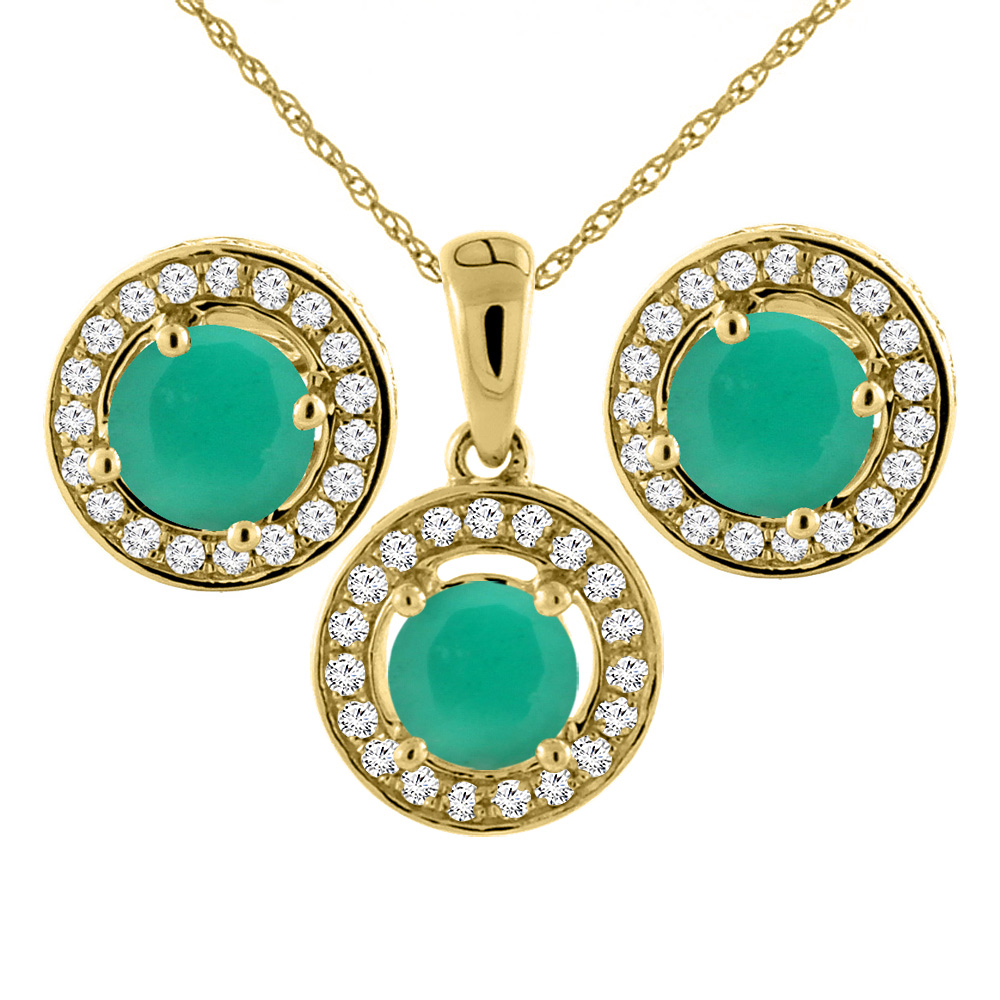 14K Yellow Gold Natural Emerald Earrings and Pendant Set with Diamond Halo Round 5 mm