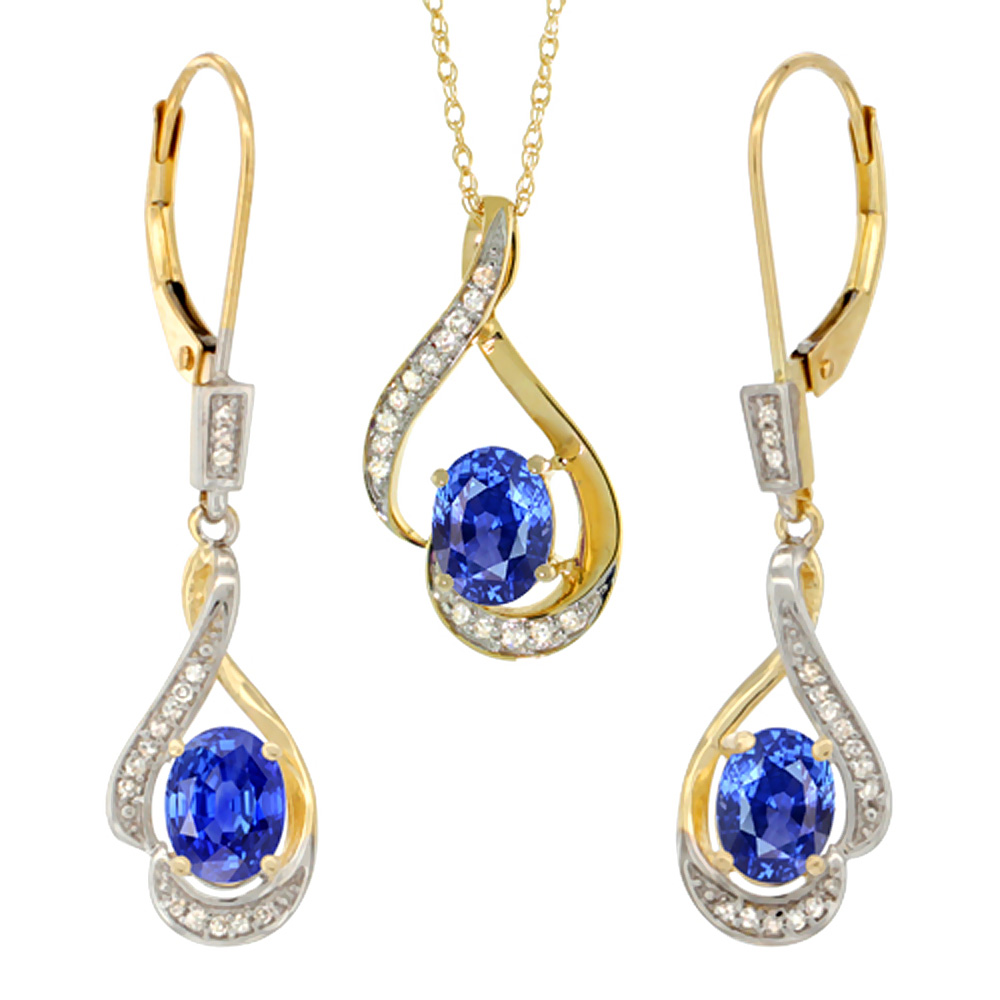 14K Yellow Gold Diamond Natural Blue Sapphire Lever Back Earrings &amp; Necklace Set Oval 7x5mm, 18 inch long