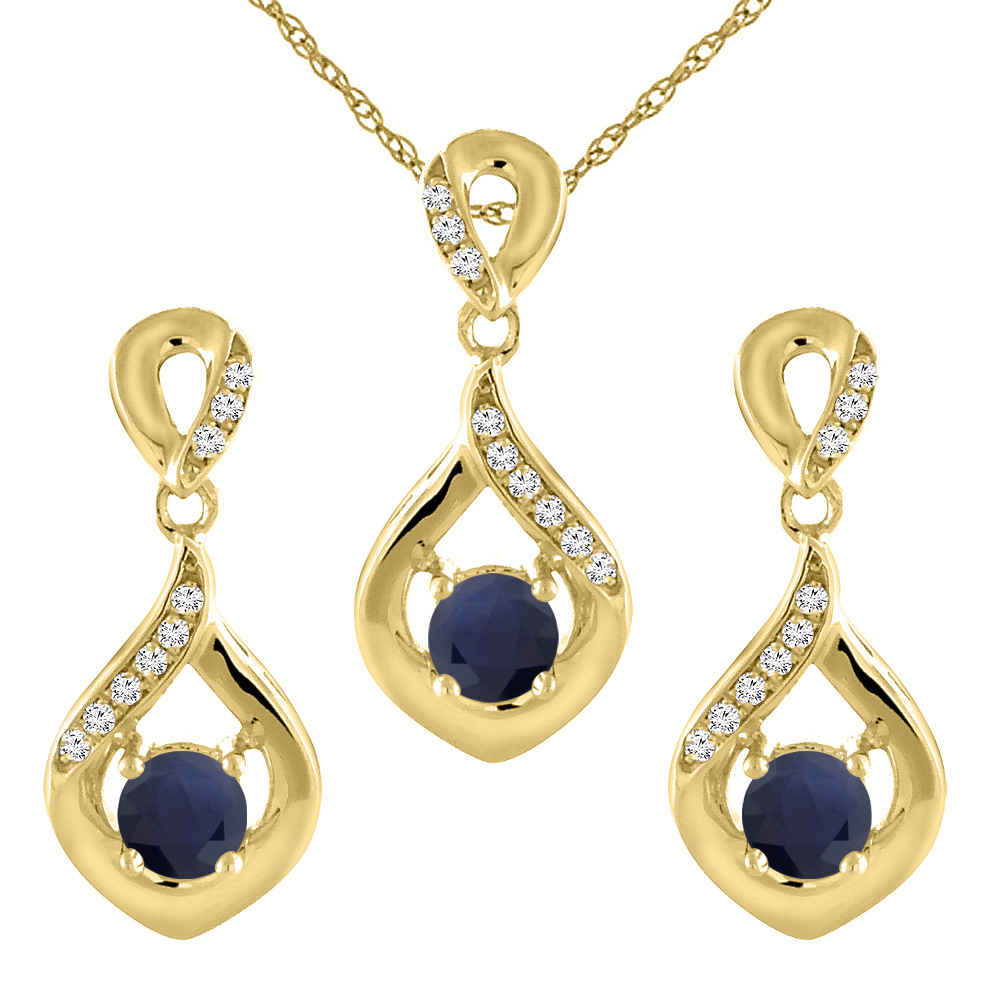 14K Yellow Gold Diamond Halo Natural Quality Blue Sapphire Earrings & Pendant Set with Round 4mm
