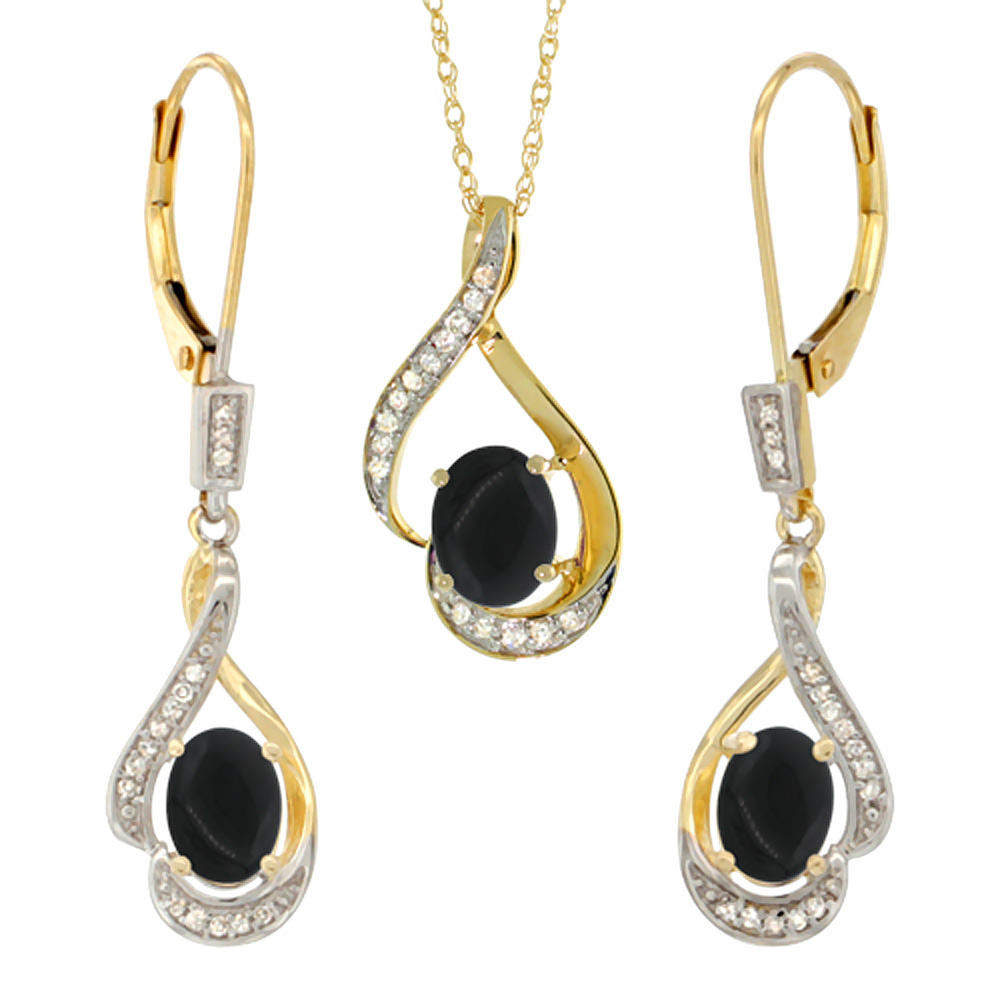 14K Yellow Gold Diamond Natural Black Onyx Lever Back Earrings &amp; Necklace Set Oval 7x5mm, 18 inch long