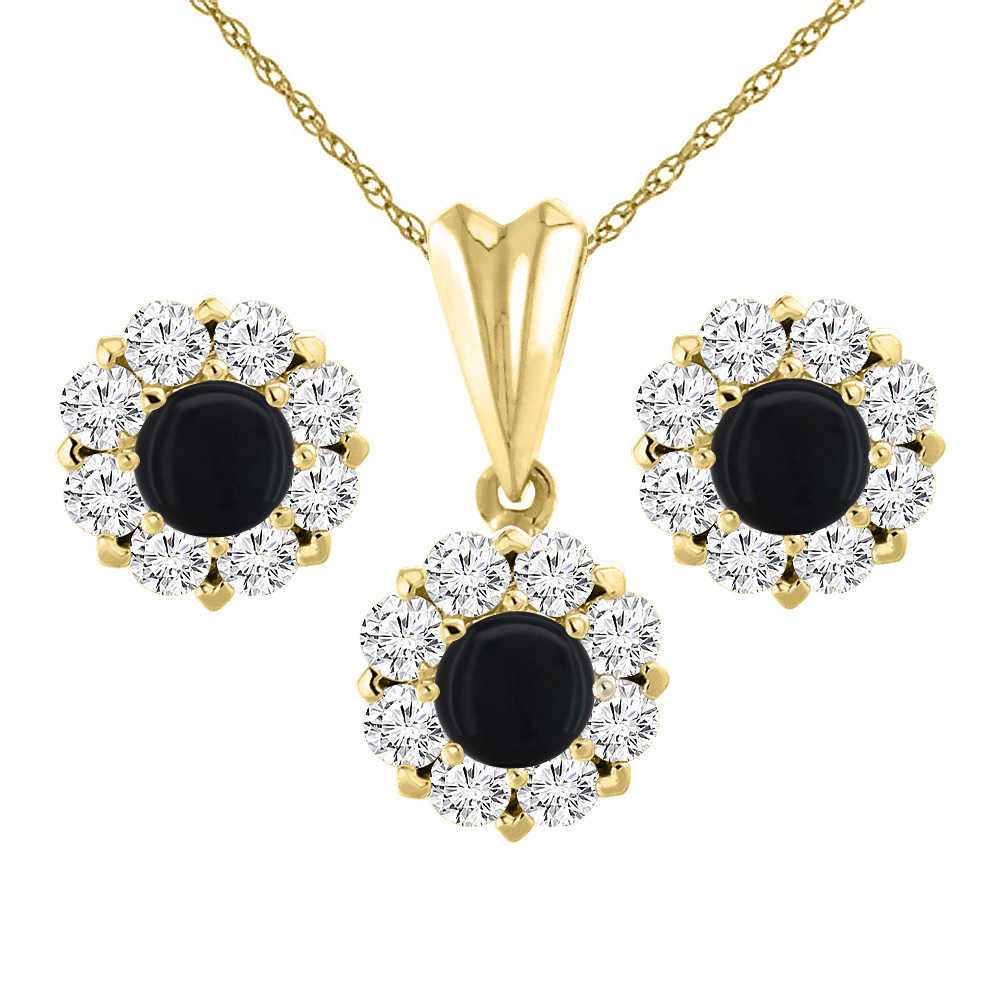 14K Yellow Gold Natural Black Onyx Earrings and Pendant Set with Diamond Halo Round 6 mm