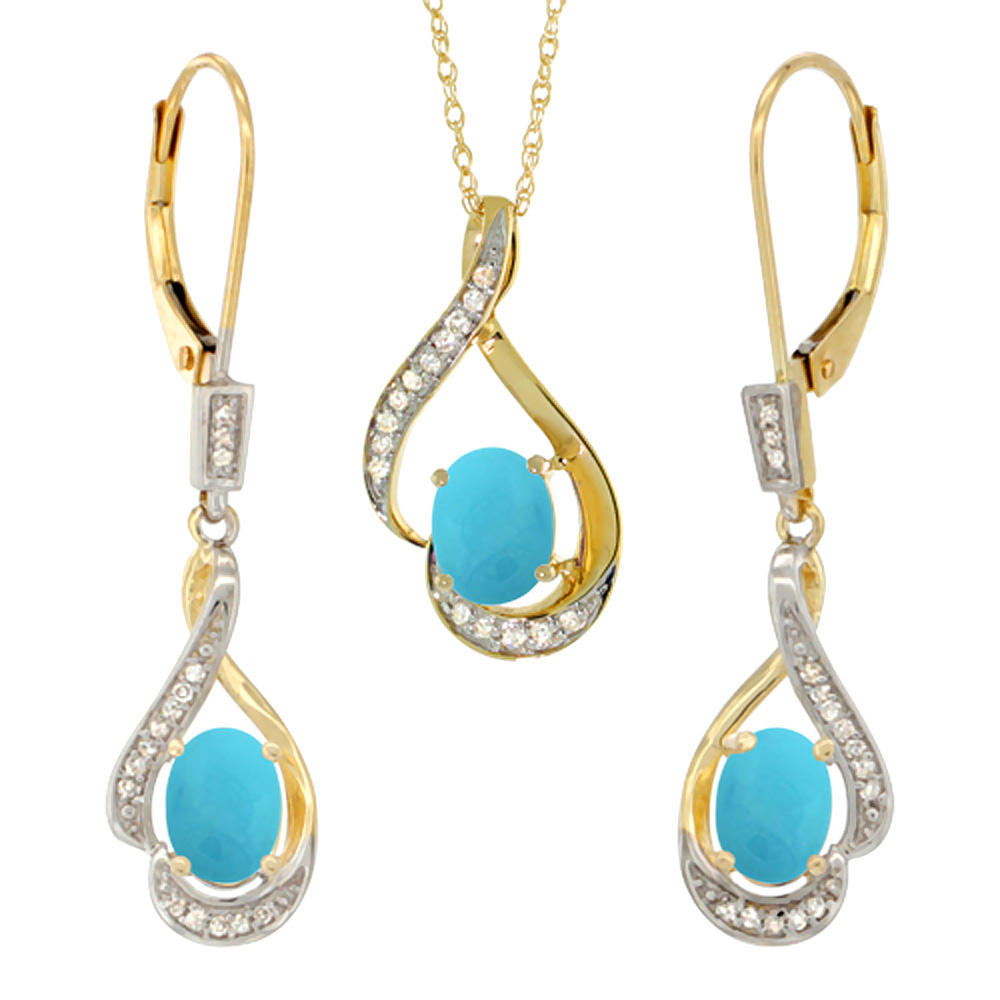14K Yellow Gold Diamond Natural Turquoise Lever Back Earrings & Necklace Set Oval 7x5mm, 18 inch long