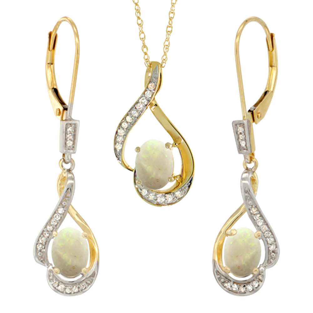 14K Yellow Gold Diamond Natural Opal Lever Back Earrings &amp; Necklace Set Oval 7x5mm, 18 inch long