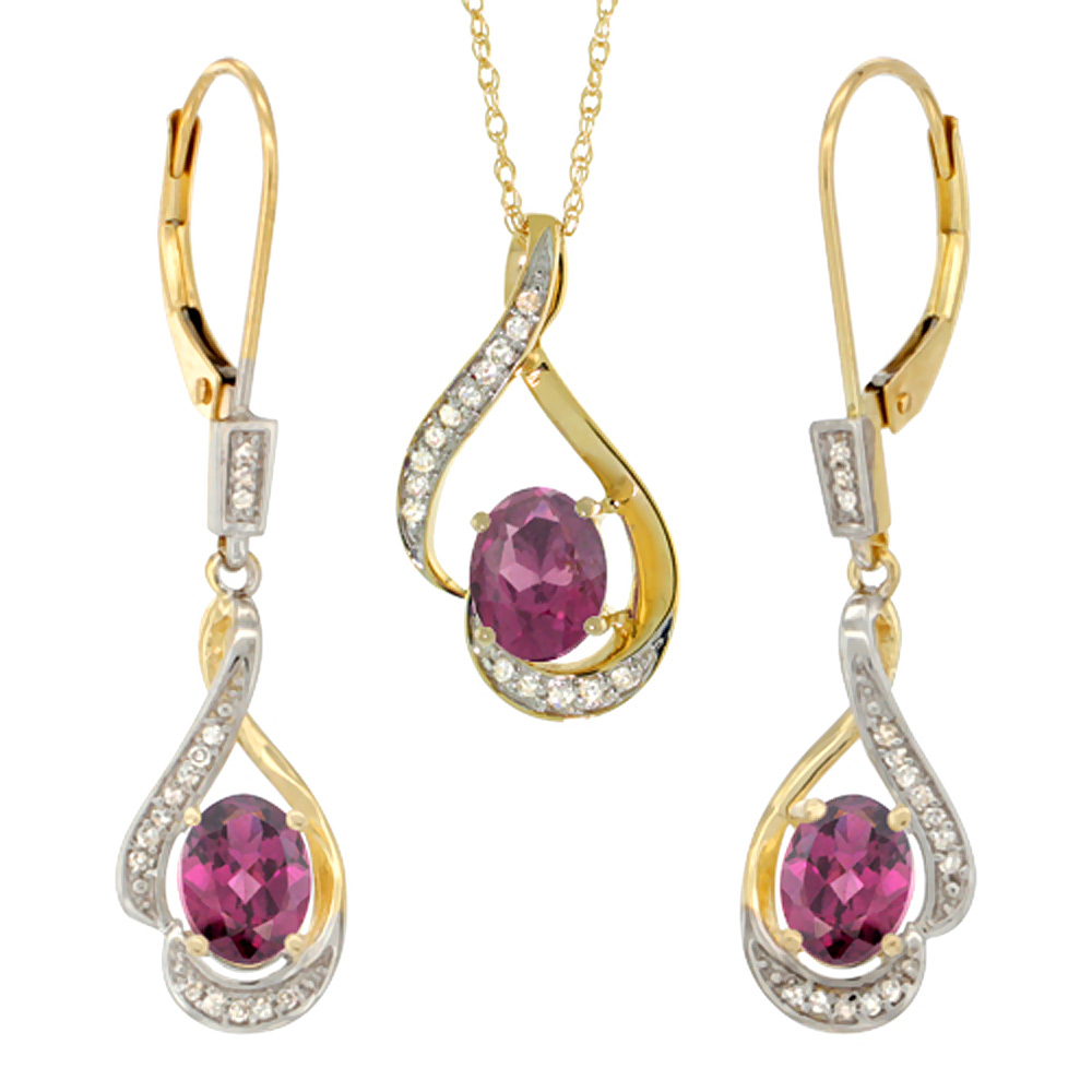 14K Yellow Gold Diamond Natural Rhodolite Lever Back Earrings &amp; Necklace Set Oval 7x5mm, 18 inch long