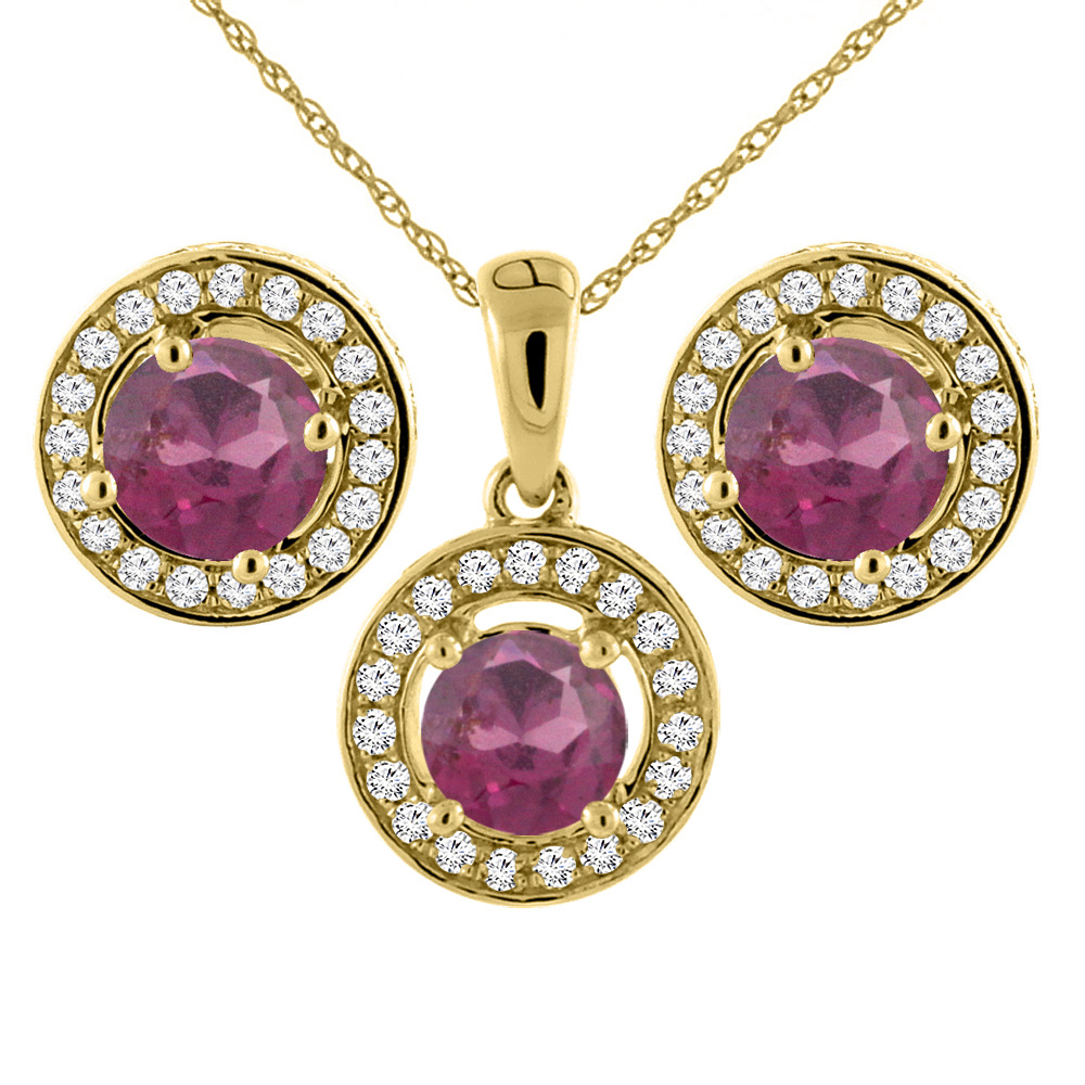 14K Yellow Gold Natural Rhodolite Earrings and Pendant Set with Diamond Halo Round 5 mm