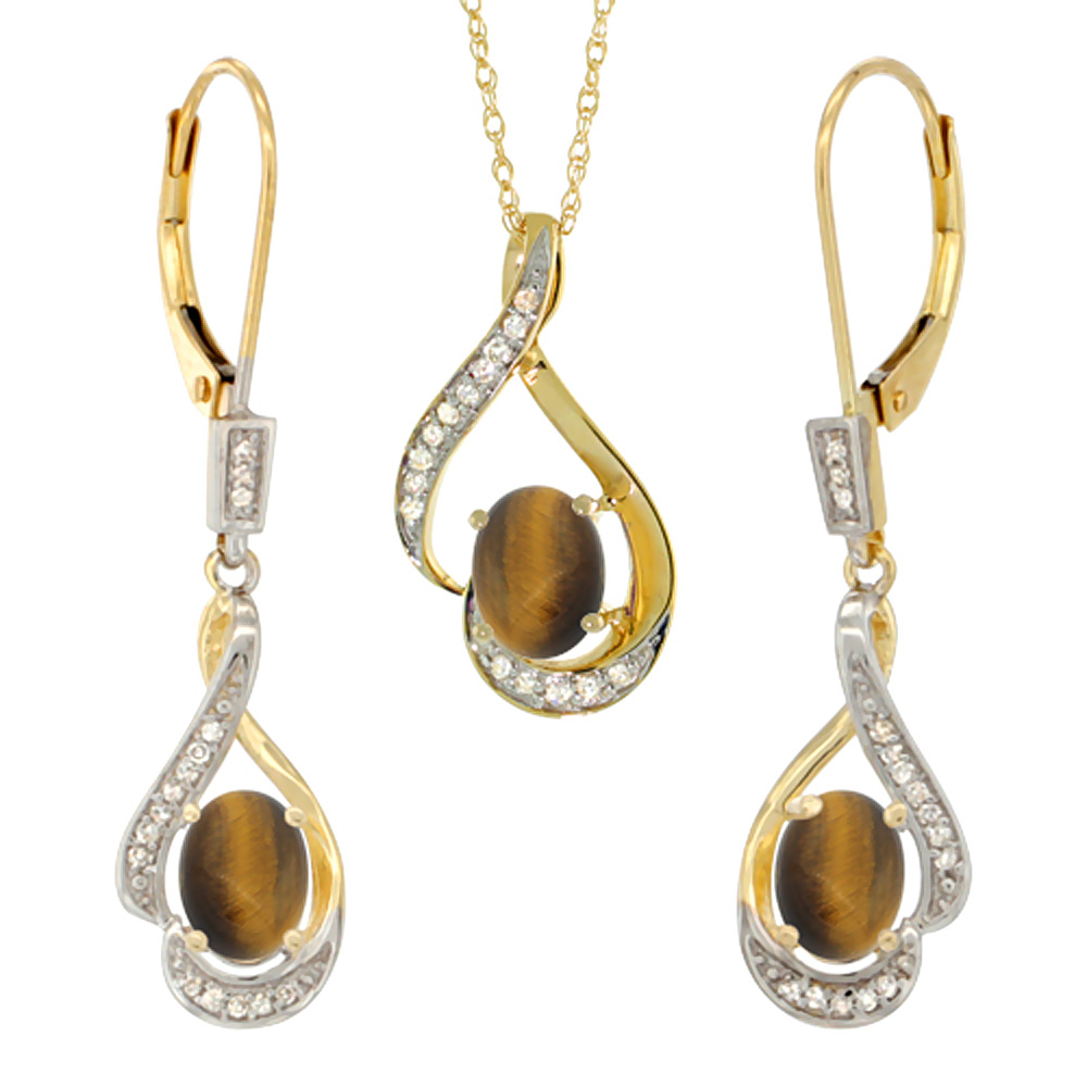 14K Yellow Gold Diamond Natural Tiger Eye Lever Back Earrings &amp; Necklace Set Oval 7x5mm, 18 inch long