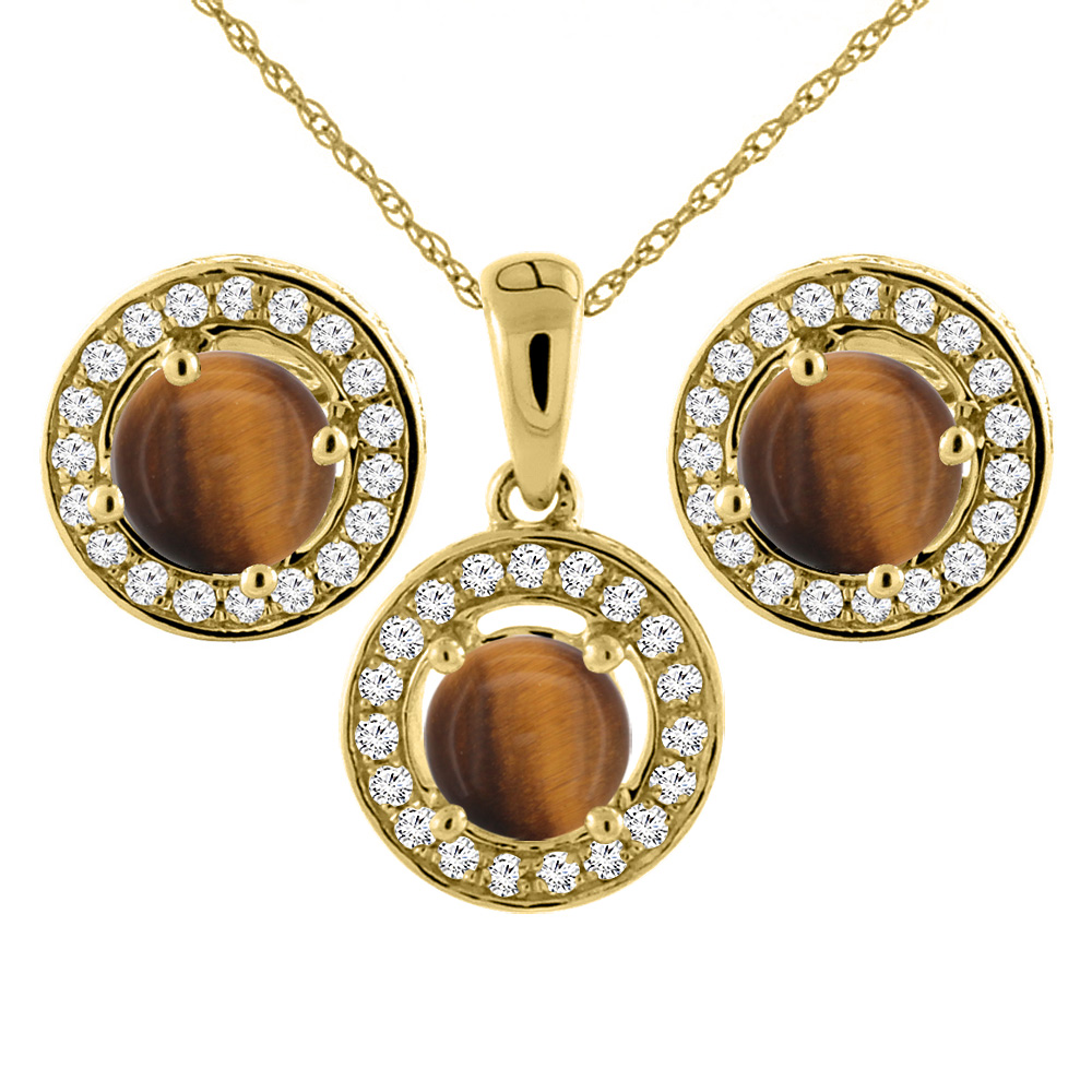 14K Yellow Gold Natural Tiger Eye Earrings and Pendant Set with Diamond Halo Round 5 mm