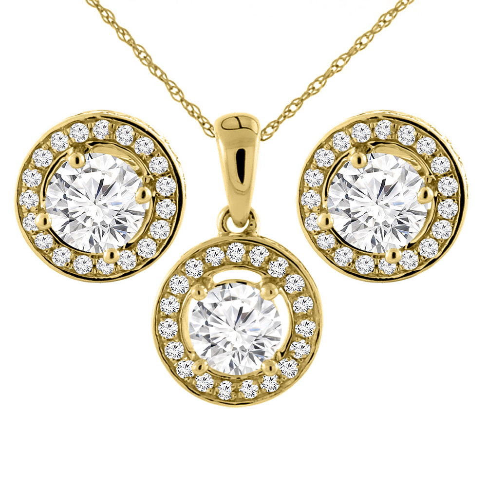 14K Yellow Gold 2 cttw Genuine Diamond Earrings and Pendant Set Halo Round 4.8 mm
