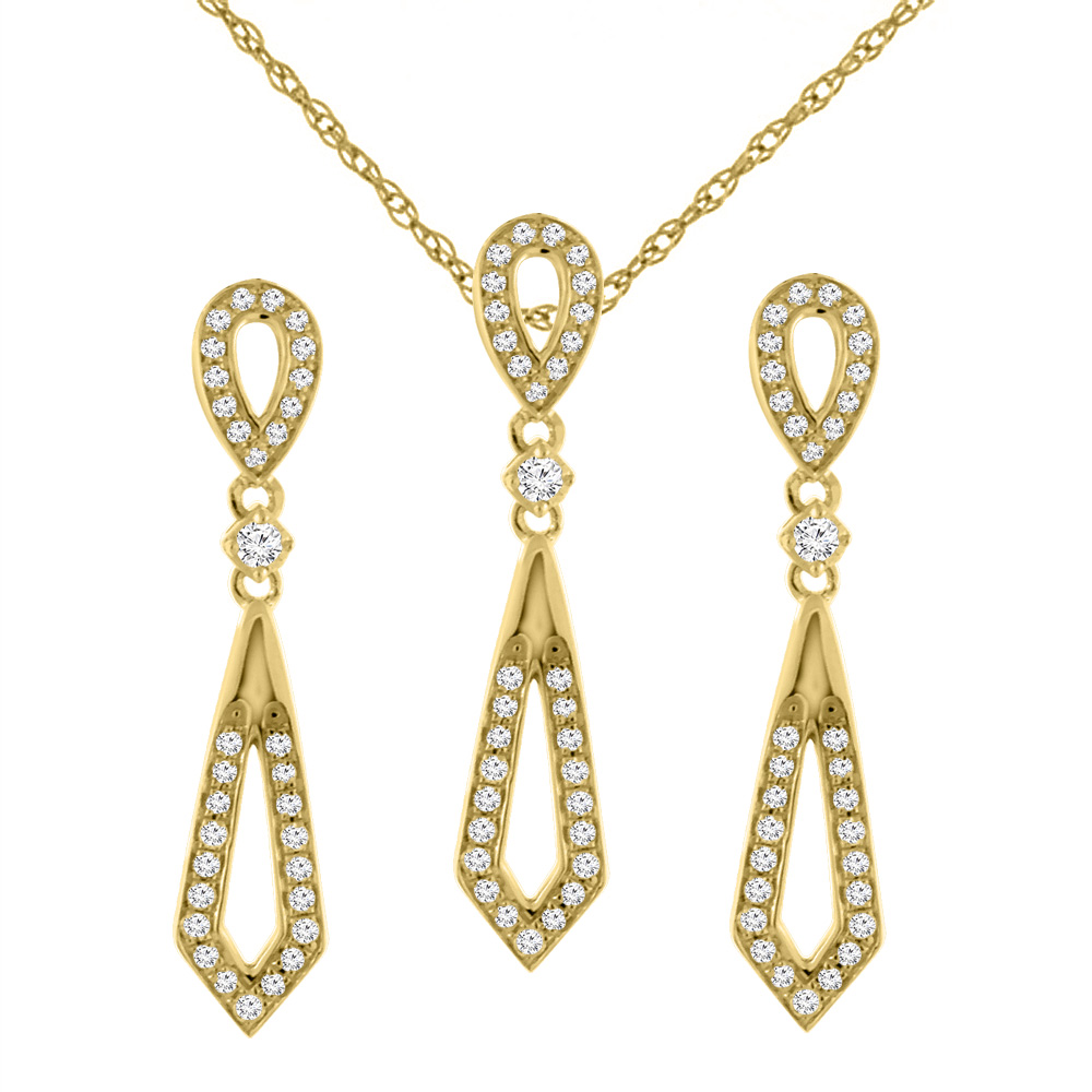 14K Yellow Gold 0.65 cttw Genuine Diamond Elongated Earrings and Pendant Set, 3/16 inches wide