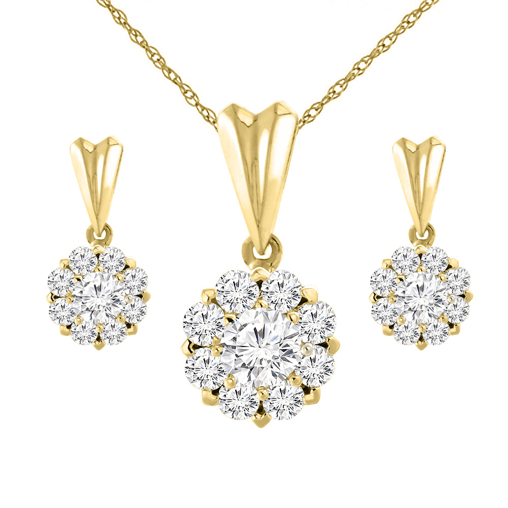 14K Yellow Gold 2 cttw Genuine Diamond Earrings and Pendant Set Halo Round 4.1 mm