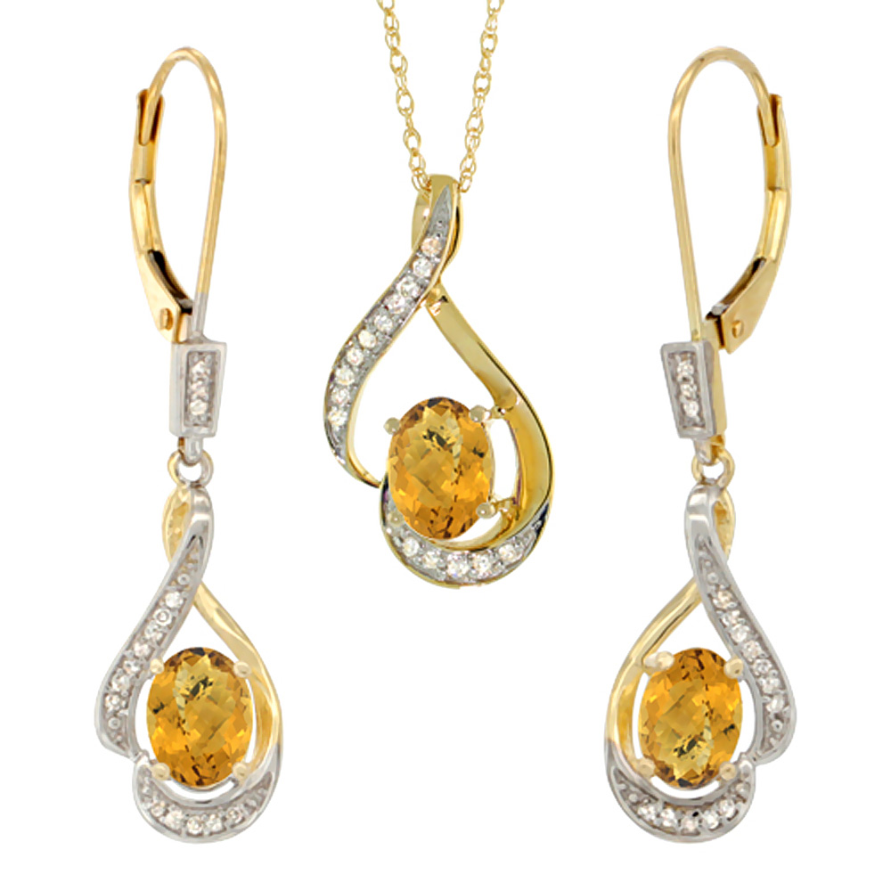 14K Yellow Gold Diamond Natural Whisky Quartz Lever Back Earrings &amp; Necklace Set Oval 7x5mm, 18 inch long