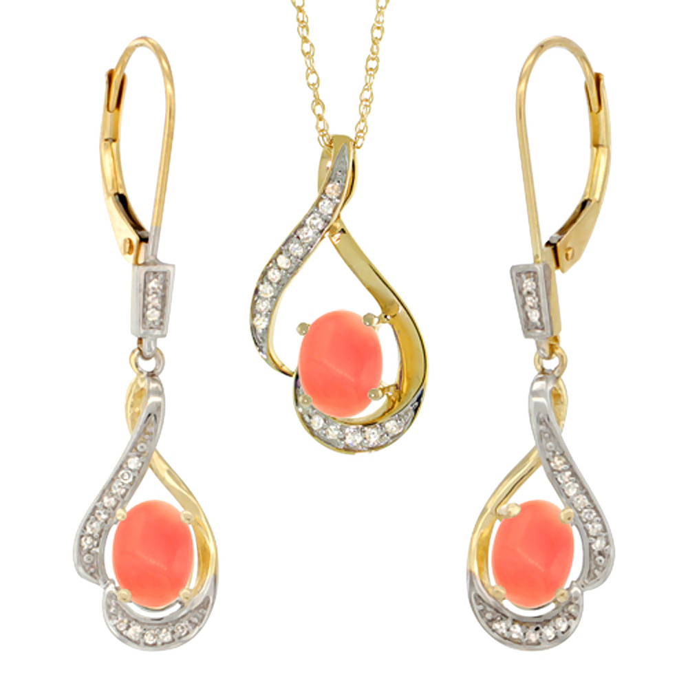 14K Yellow Gold Diamond Natural Coral Lever Back Earrings &amp; Necklace Set Oval 7x5mm, 18 inch long