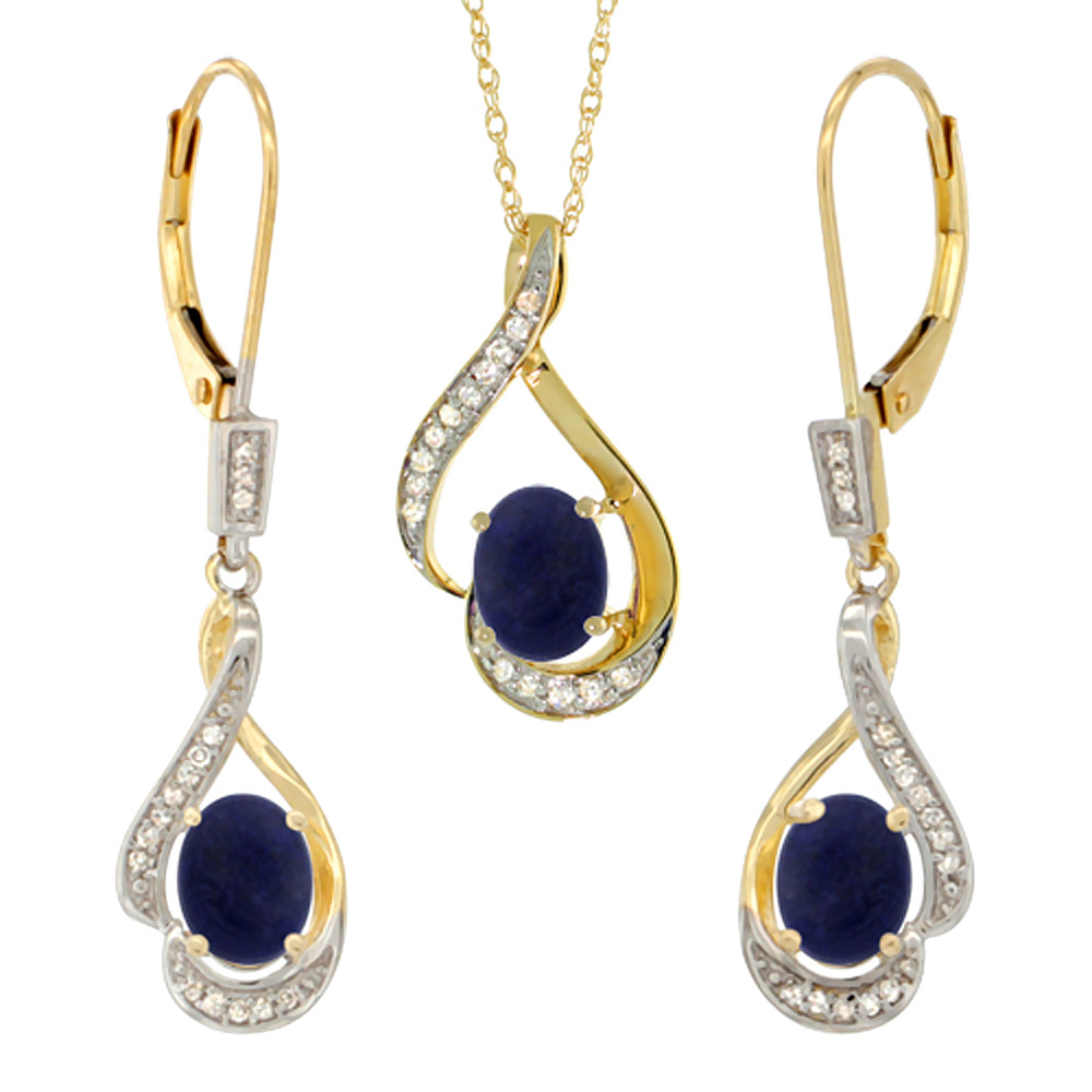 14K Yellow Gold Diamond Natural Lapis Lever Back Earrings &amp; Necklace Set Oval 7x5mm, 18 inch long
