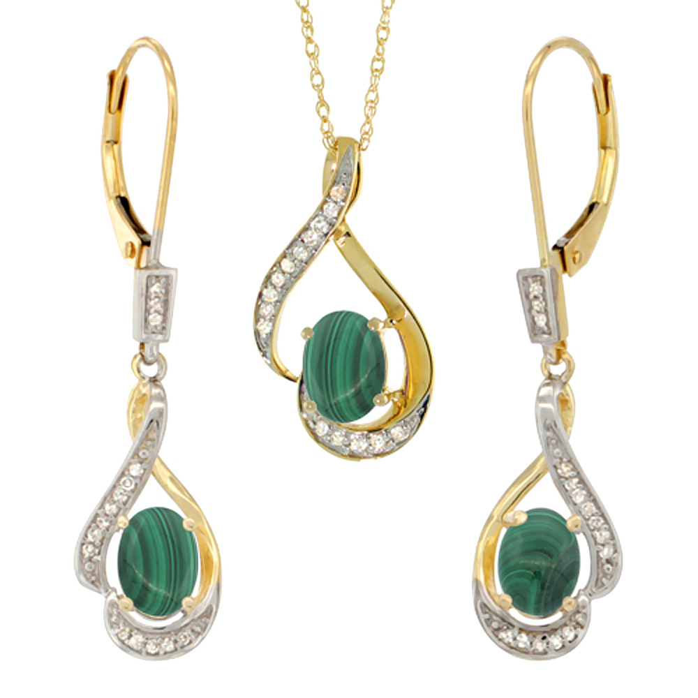 14K Yellow Gold Diamond Natural Malachite Lever Back Earrings & Necklace Set Oval 7x5mm, 18 inch long