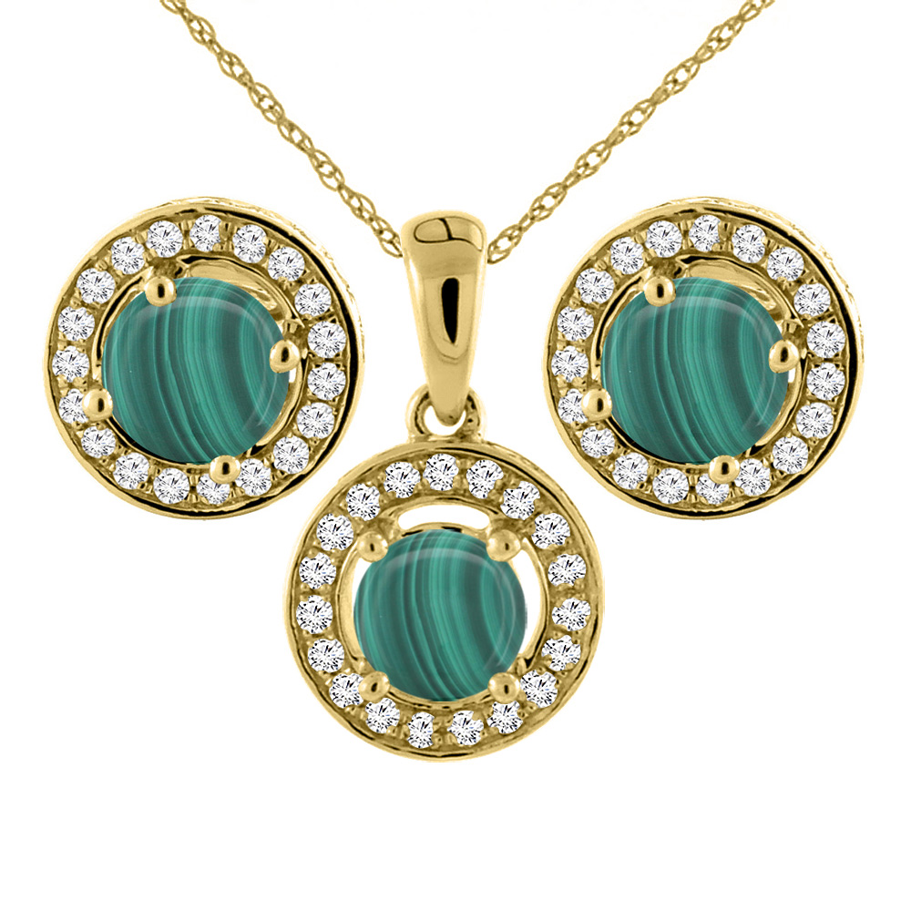 14K Yellow Gold Natural Malachite Earrings and Pendant Set with Diamond Halo Round 5 mm
