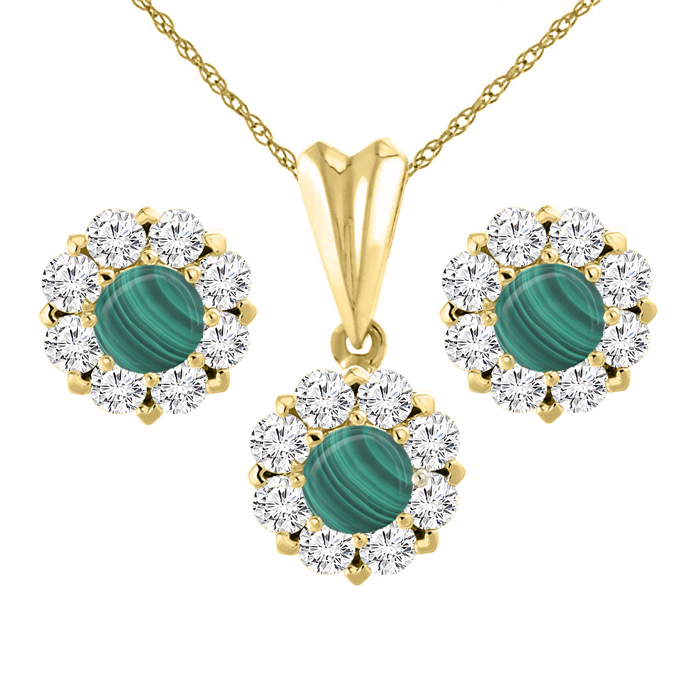 14K Yellow Gold Natural Malachite Earrings and Pendant Set with Diamond Halo Round 6 mm