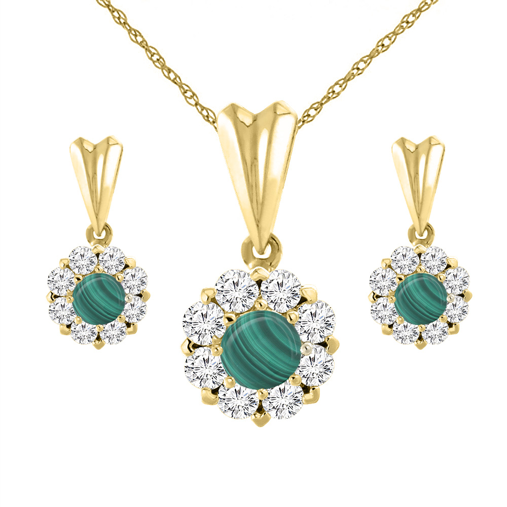 14K Yellow Gold Natural Malachite Earrings and Pendant Set with Diamond Halo Round 4 mm