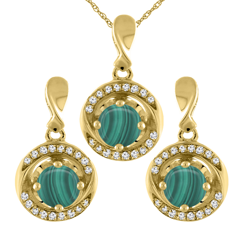 14K Yellow Gold Natural Malachite Earrings and Pendant Set with Diamond Accents Round 4 mm
