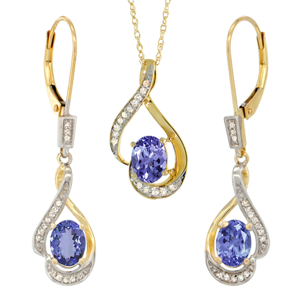 14K Yellow Gold Diamond Natural Tanzanite Lever Back Earrings & Necklace Set Oval 7x5mm, 18 inch long