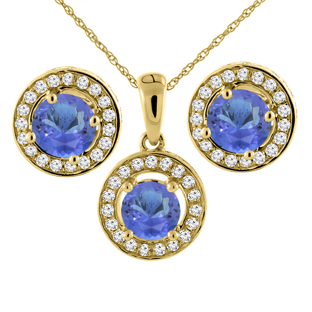 14K Yellow Gold Natural Tanzanite Earrings and Pendant Set with Diamond Halo Round 5 mm