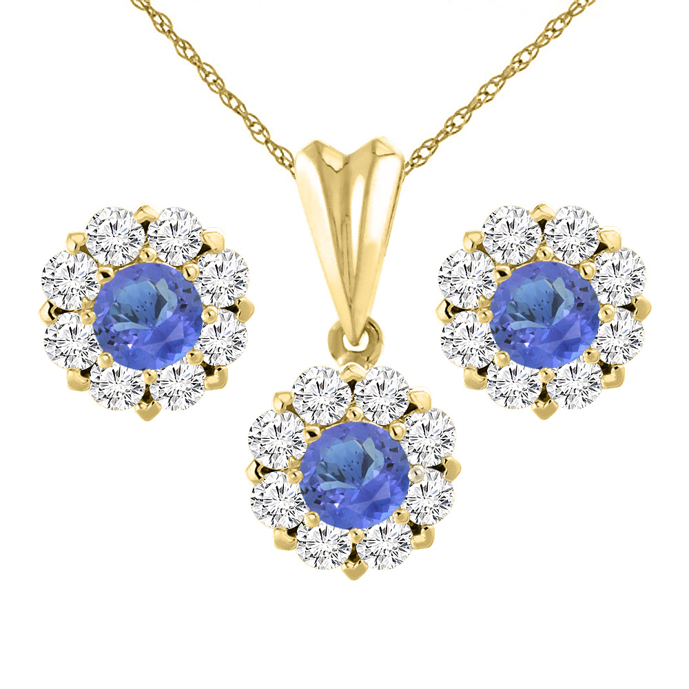 14K Yellow Gold Natural Tanzanite Earrings and Pendant Set with Diamond Halo Round 6 mm