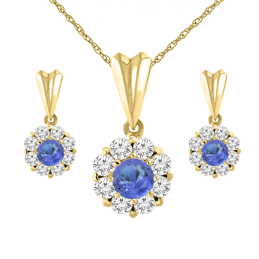 14K Yellow Gold Natural Tanzanite Earrings and Pendant Set with Diamond Halo Round 4 mm