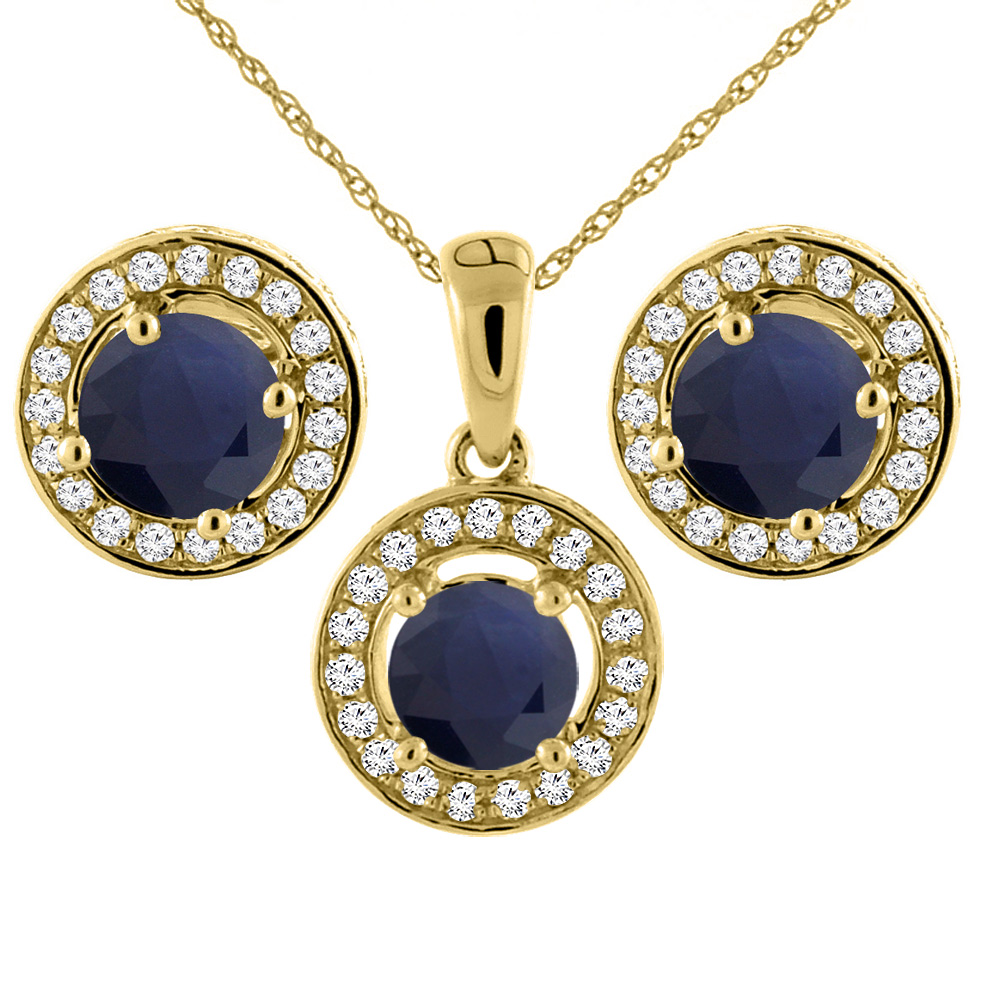 14K Yellow Gold Diamond Halo Natural Quality Blue Sapphire Earrings & Pendant Set Round 5 mm