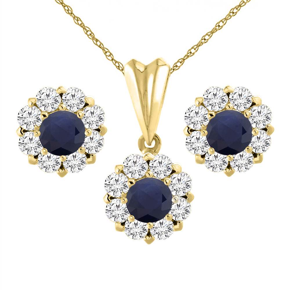 14K Yellow Gold Diamond Halo Natural Quality Blue Sapphire Earrings & Pendant Set Round 6 mm