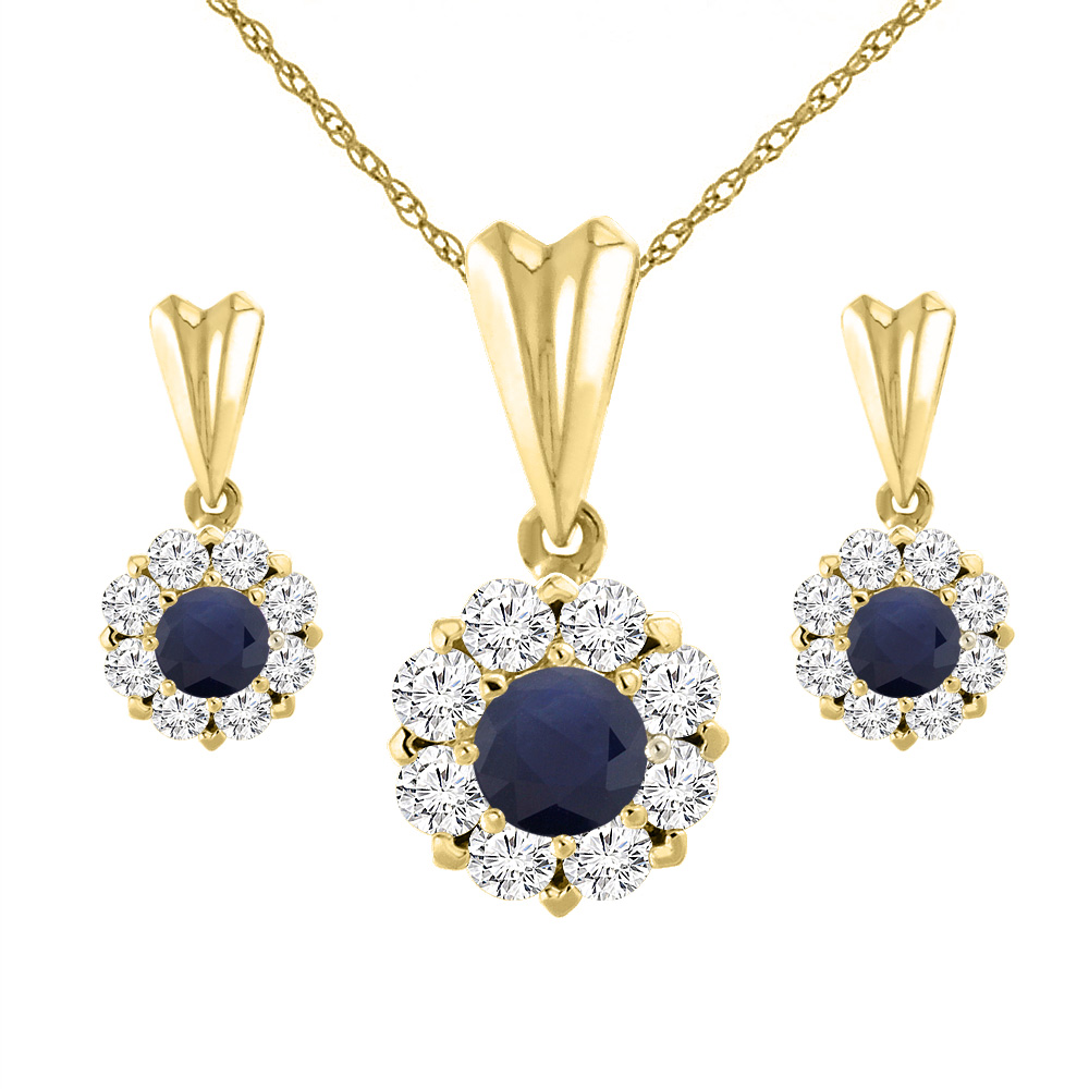 14K Yellow Gold Diamond Halo Natural Quality Blue Sapphire Earrings &amp; Pendant Set Round 4 mm